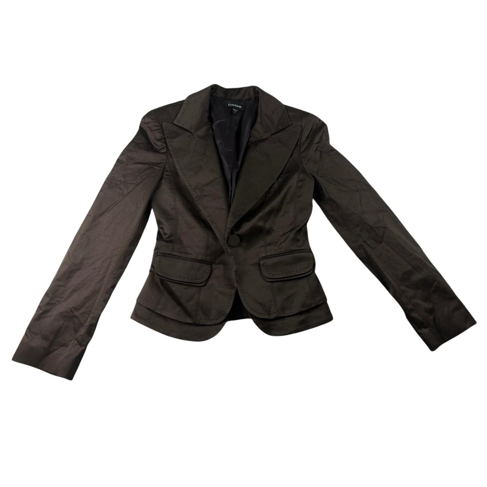 Y2K Bebe Blazer Women 2 Brown Cotton Blend USA Made Long Sleeve Button Corporate